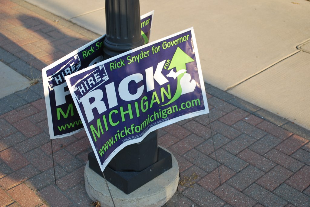 Rick Snyder for Governor campaign sign outside of the Downriver GOP campaign center in Wyandotte, MI.