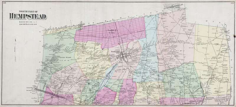 This scarce and large hand colored map depicts the town of Hempstead, Long Island, New York.  Map depicts the populous cities and towns surrounding Hempstead, including Garden city, Valley Stream, Bridgeport, Rockville, Greenwich Point, Smithville,