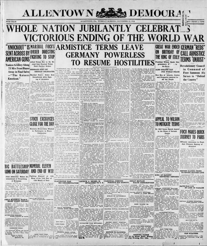 End of World War I Allentown Democrat Newspaper P 1