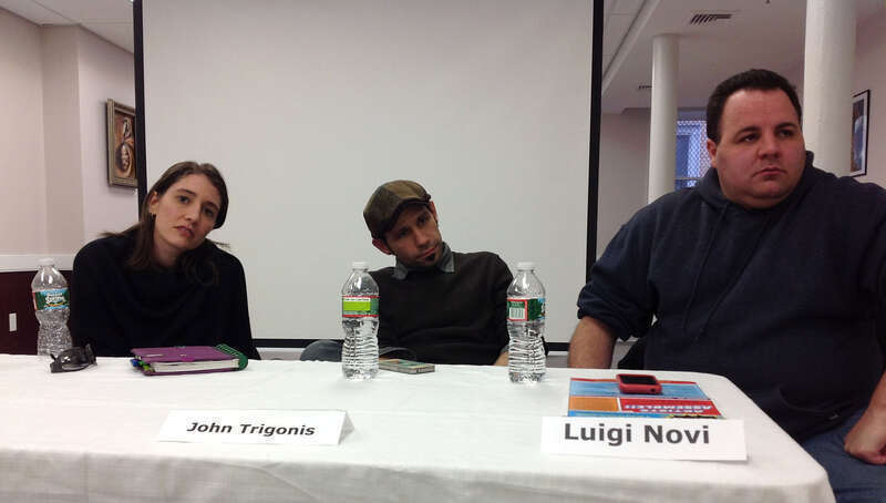 Panel discussion on the topic of Writing and Storytelling in Comics on Day 2 of the first annual Artists Assemble! comics festival at the William V. Musto Cultural Center in Union City, New Jersey, February 3, 2013. Seated behind the table, from left