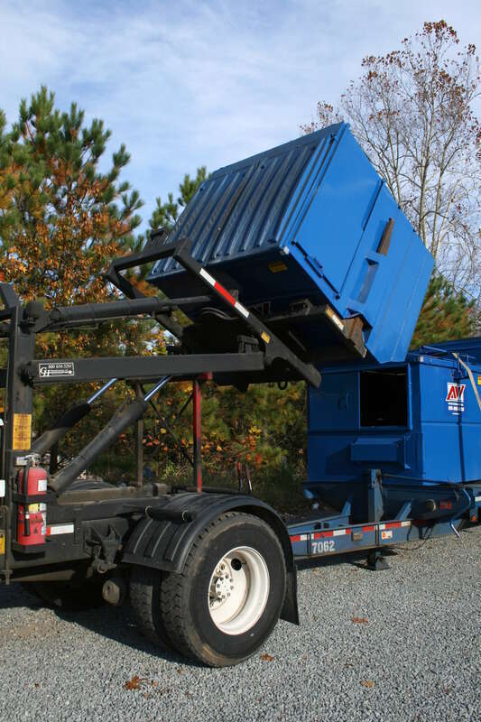 A blue Allied Waste Services dumpster lifted on top of an International truck in Durham, North Carolina.