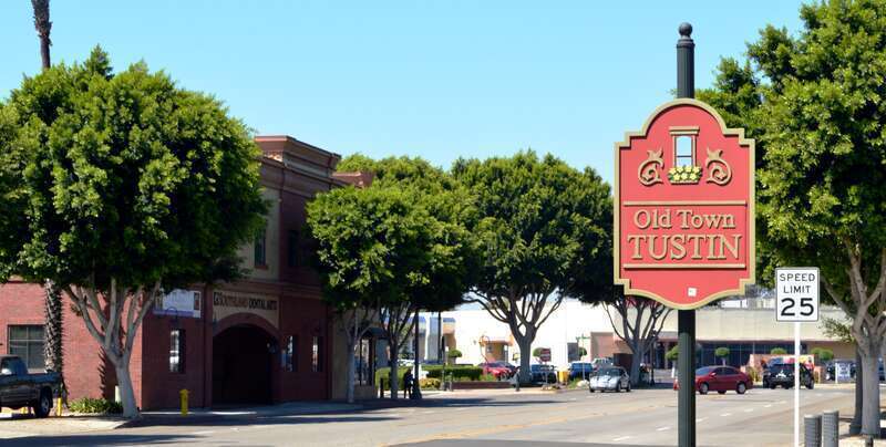 El Camino Real near Newport Avenue in Old Town Tustin, Tustin, Orange County, California. If you zoom in, you can see an El Camino Real bell in the middle, at the intersection with El Camino Way.