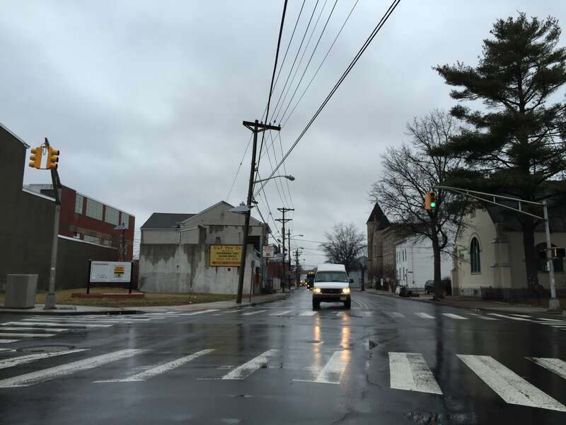 View northwest along Olden Avenue (Mercer County Route 622) at the intersection with North Clinton Avenue in the East Trenton section of Trenton, New Jersey