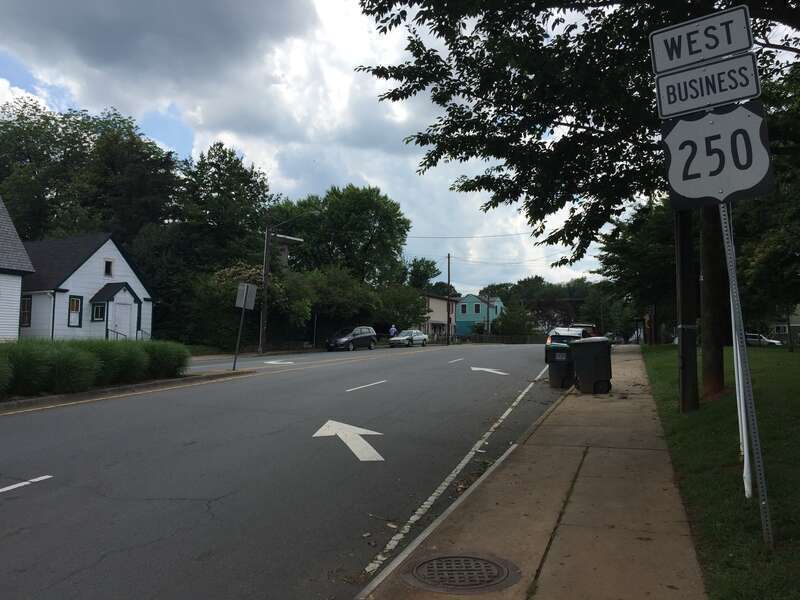 View west along U.S. Route 250 Business (Grady Avenue) at 10th Street Northwest in Charlottesville, Virginia