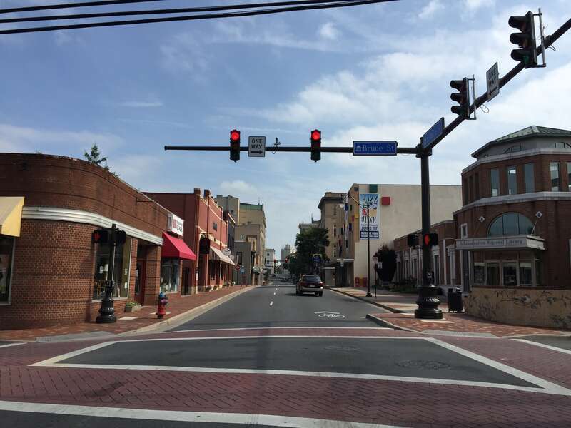 View north along U.S. Route 11 (Main Street) at Bruce Street in Harrisonburg, Virginia