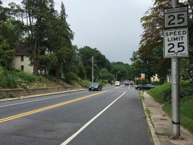 View south along Maryland State Route 25 (Falls Road) near Asbury Road in Baltimore City, Maryland