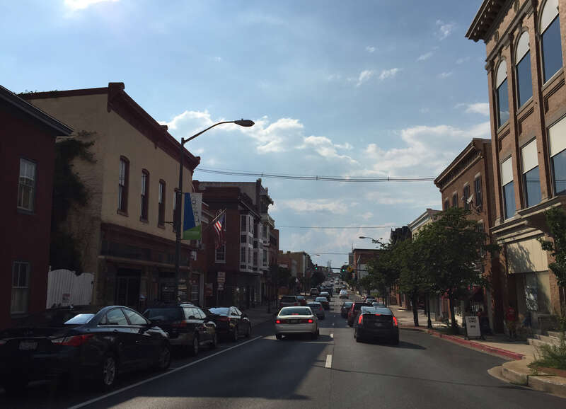 View west along U.S. Route 40 (Franklin Street) between Potomac Street and Hays Alley in Hagerstown, Washington County, Maryland