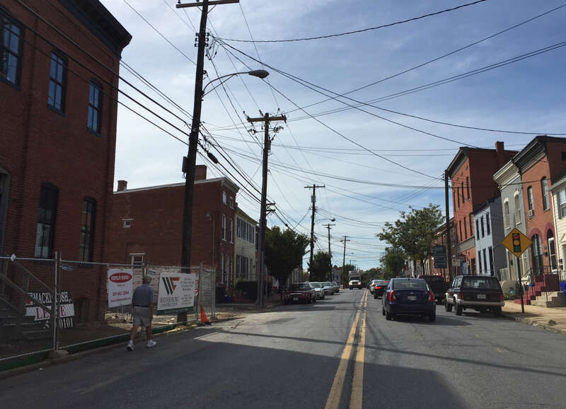 View west along Maryland State Route 144 (Patrick Street) at Wisner Street in Frederick, Frederick County, Maryland