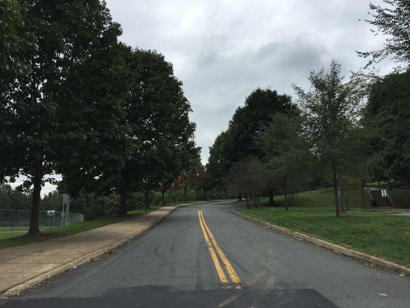 View south at the north end of Virginia State Route 302 (Massie Road) at the University of Virginia in Charlottesville, Virginia
