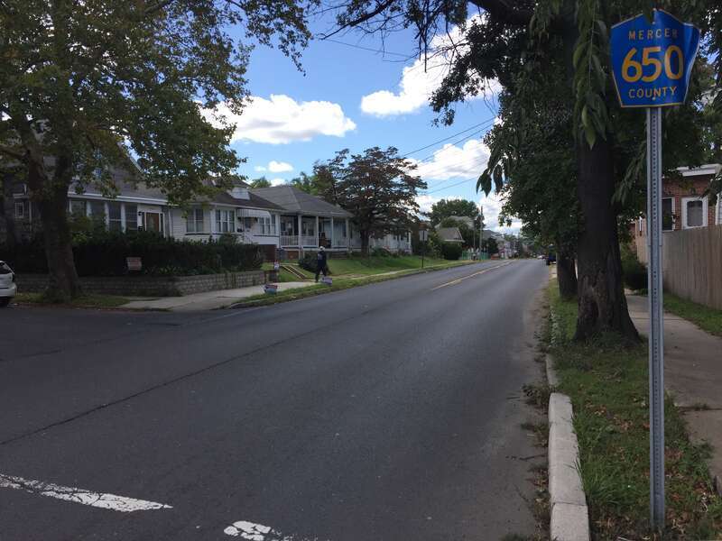 View west along Lalor Street (Mercer County Route 650) at U.S. Route 206 (South Broad Street) along the border of Trenton City and Hamilton Township in Mercer County, New Jersey
