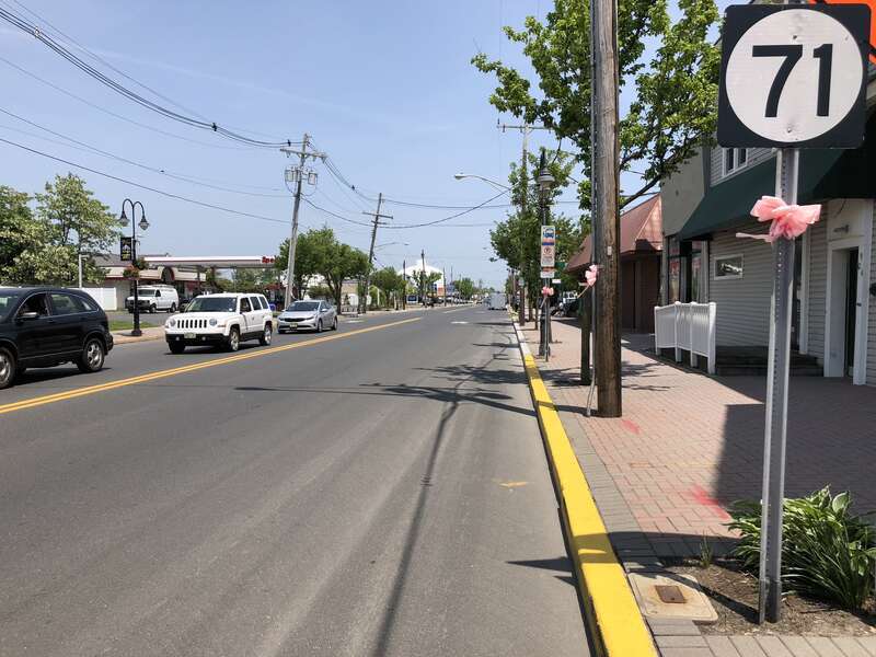 View north along New Jersey State Route 71 (Main Street) at Ocean Park Avenue in Bradley Beach, Monmouth County, New Jersey