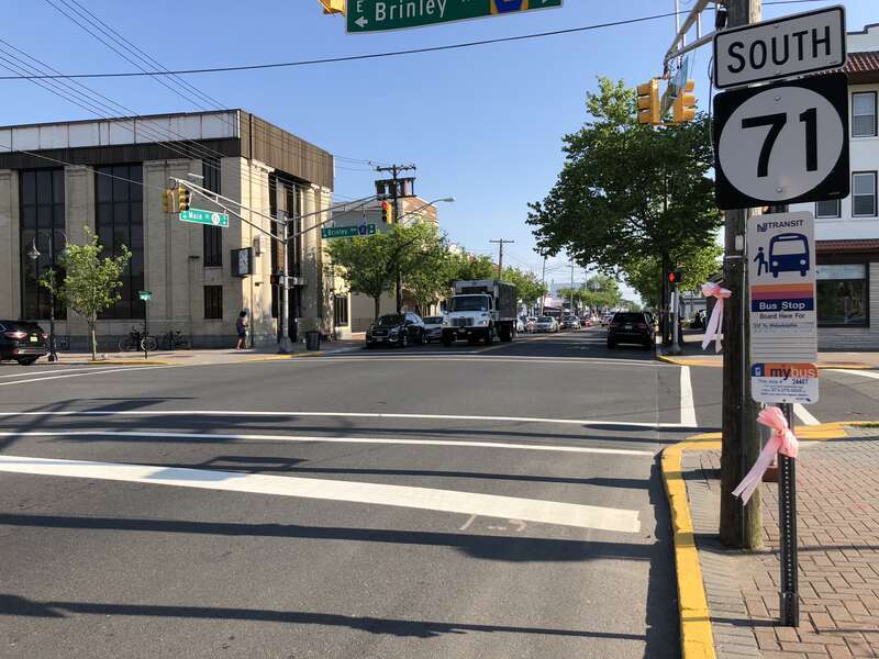 View south along New Jersey State Route 71 (Main Street) at Monmouth County Route 2 (Brinley Avenue) in Bradley Beach, Monmouth County, New Jersey