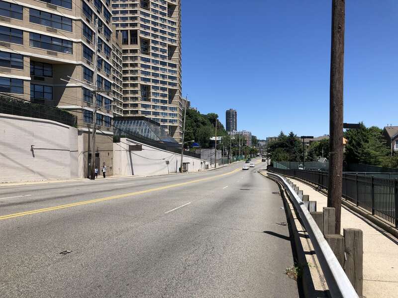 View north along Hudson County Route 505 (River Road) just north of Ferry Road in Guttenberg, Hudson County, New Jersey