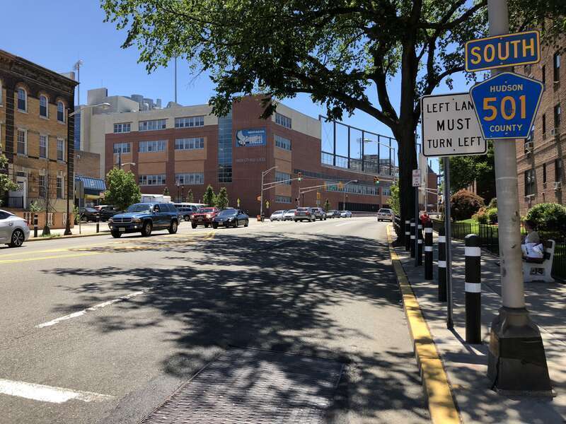 View south along Hudson County Route 501 (John F Kennedy Boulevard) at 27th Street on the border of North Bergen Township and Union City in Hudson County, New Jersey