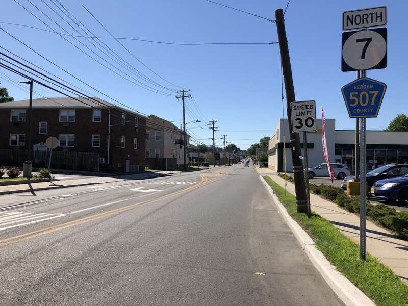 View north along New Jersey State Route 7 and County Route 507 (Belleville Turnpike) at Schuyler Avenue on the border of Kearny, Hudson County and North Arlington, Bergen County in New Jersey