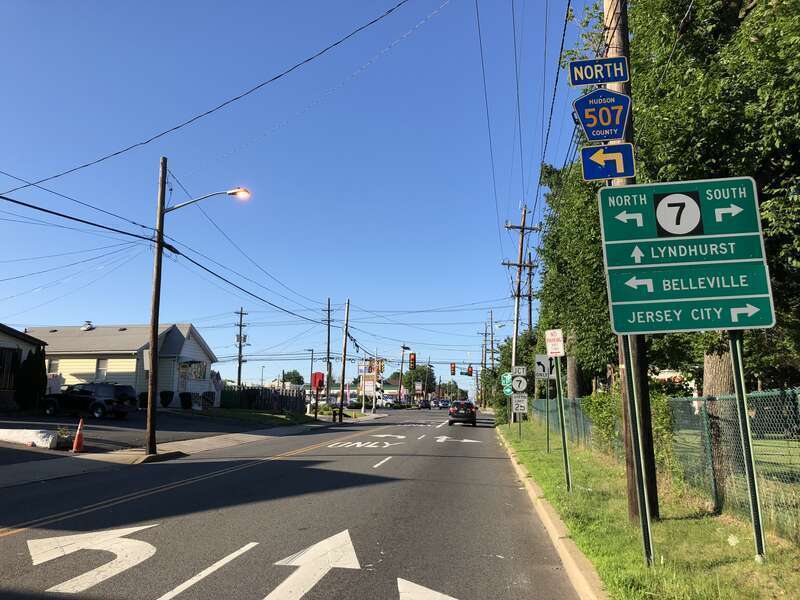 View north along Hudson County Route 507 (Schuyler Avenue) between Schuyler Court and New Jersey State Route 7 (Belleville Turnpike) in Kearny, Hudson County, New Jersey