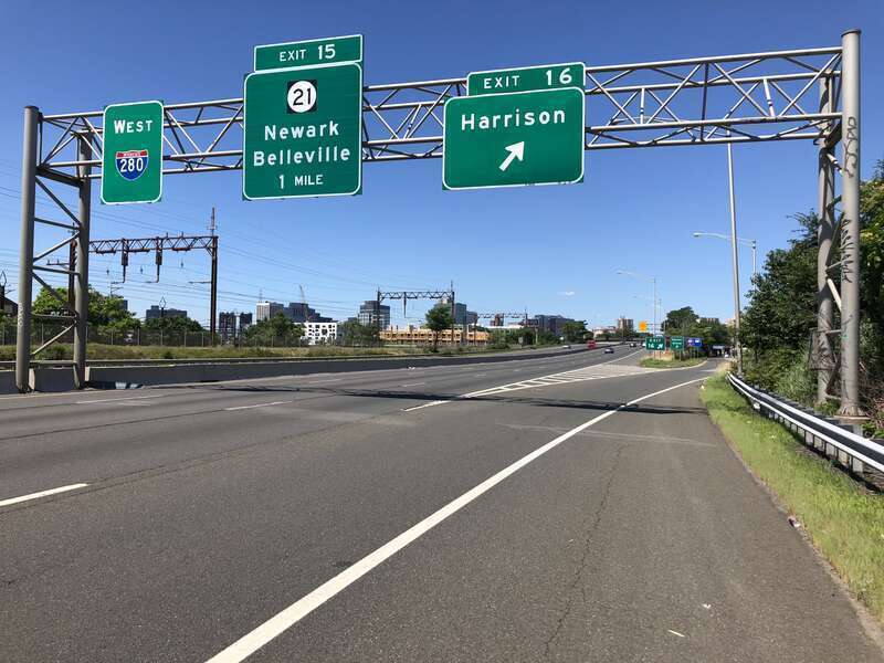 View west along Interstate 280 (Essex Freeway) at Exit 16 (Harrison) in Harrison, Hudson County, New Jersey