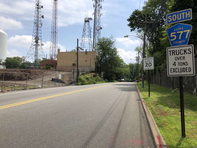 View south along Essex County Route 577 (Mount Pleasant Avenue) just south of New Jersey State Route 10 and Essex County Route 577 Spur (Prospect Avenue) in West Orange Township, Essex County, New Jersey