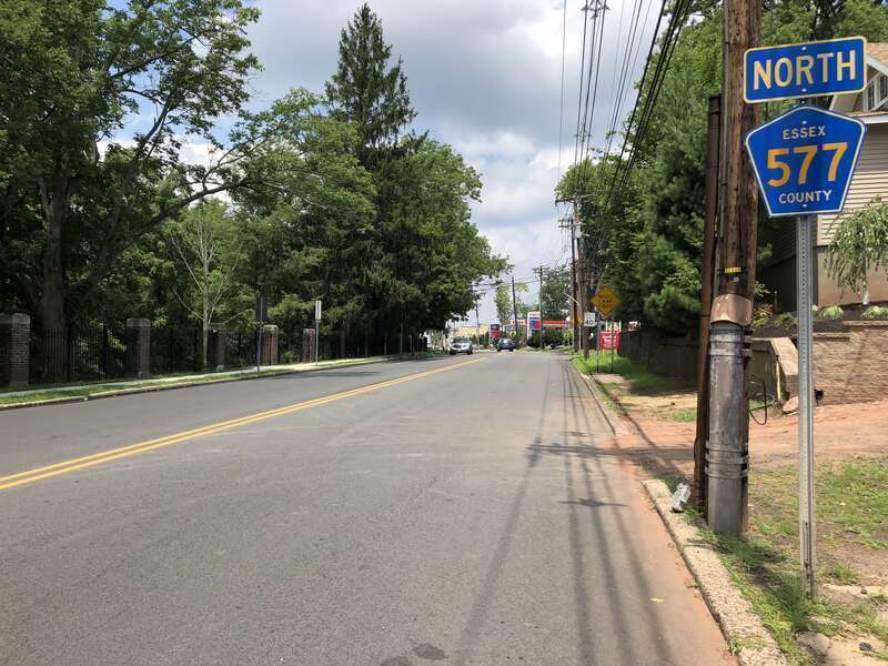 View north along Essex County Route 577 (Prospect Avenue) just north of New Jersey State Route 10 (Mount Pleasant Avenue) and Essex County Route 577 Spur in West Orange Township, Essex County, New Jersey