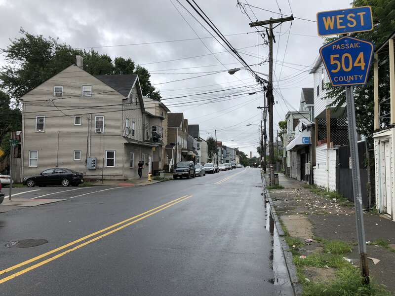 View west along Passaic County Route 504 (Main Street) between Second Street and Amity Street in Paterson, Passaic County, New Jersey