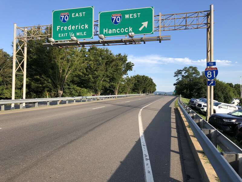 View east along U.S. Route 40 (Dual Highway) at the exit for Interstate 70 WEST (Hancock) in Hagerstown, Washington County, Maryland