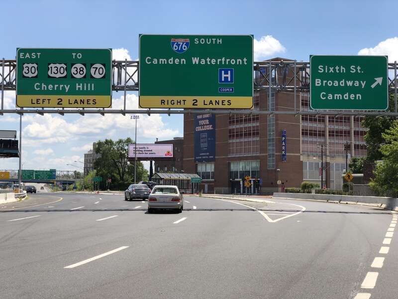 View south along Interstate 676 and east along U.S. Route 30 (North-South Freeway) at the exit for Sixth Street/Broadway/Camden in Camden, Camden County, New Jersey