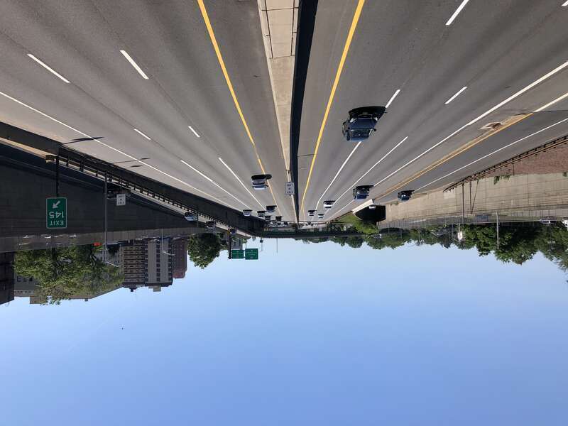 View south along New Jersey State Route 444 (Garden State Parkway) from the overpass for Freeway Drive East in East Orange, Essex County, New Jersey