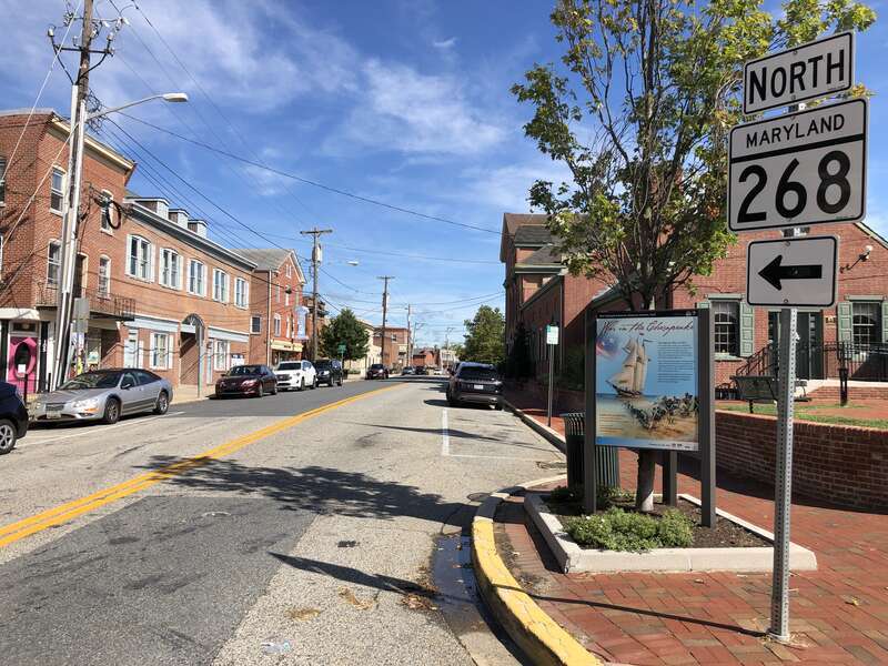 View north along Maryland State Route 268 (North Street) at Main Street in Elkton, Cecil County, Maryland