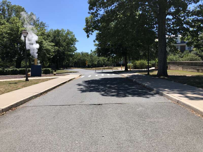 View southwest along E Street at D Street on the campus of the College of New Jersey in Ewing Township, Mercer County, New Jersey