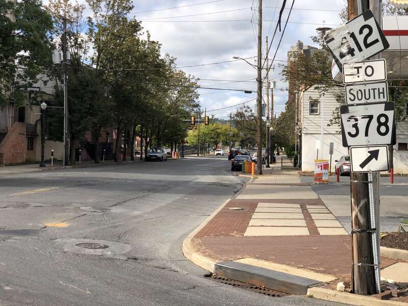 View north along Pennsylvania State Route 412 (Brodhead Avenue) at Broadway in Bethlehem, Northampton County, Pennsylvania