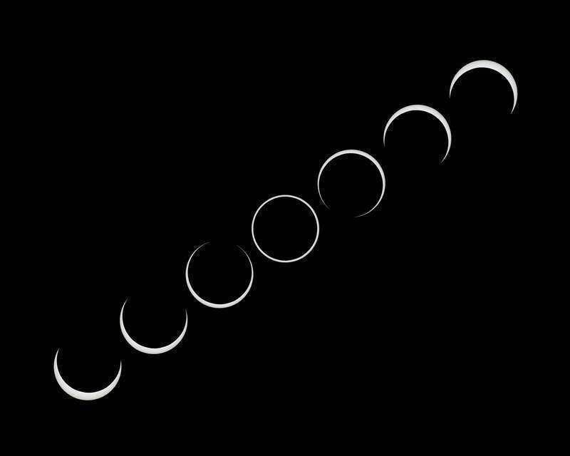 composite photo of the October 14, 2023 Annular Eclipse showing full annularity and the sun before and after full annularity. As seen from Petroglyph National Monument in New Mexico, United States. The times of the photos are: 10:29:05, 10:31:38,