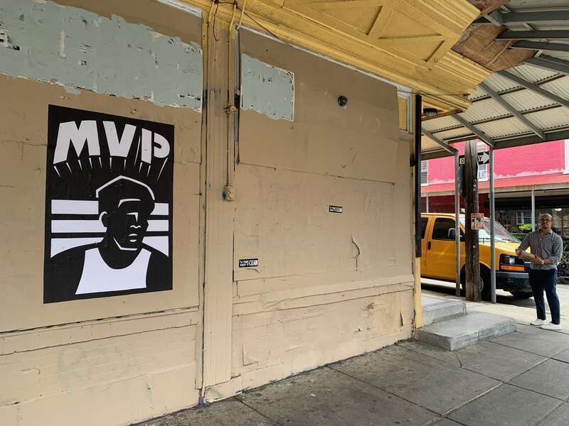 Joe Boruchow's Joel Embiid &quot;MVP&quot; poster on S 9th Street by Montrose in the Italian Market on April 16, 2023