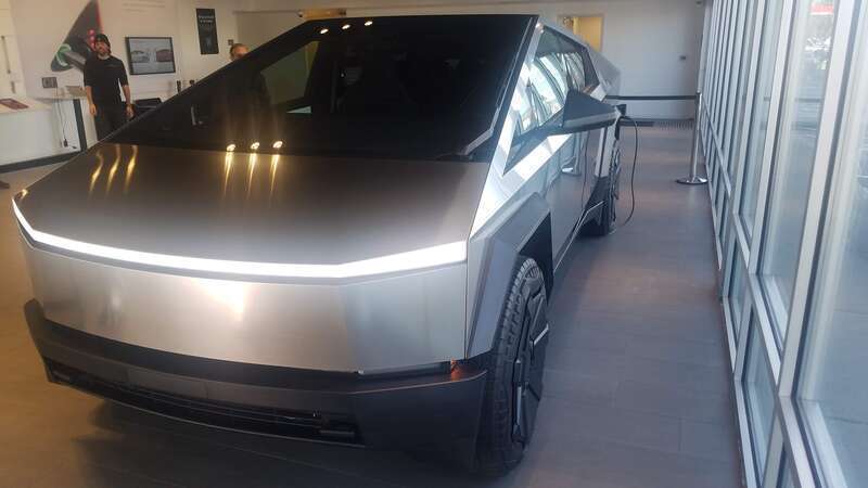 right front view of production-level 2023 Tesla Cybertruck, at Tesla showroom