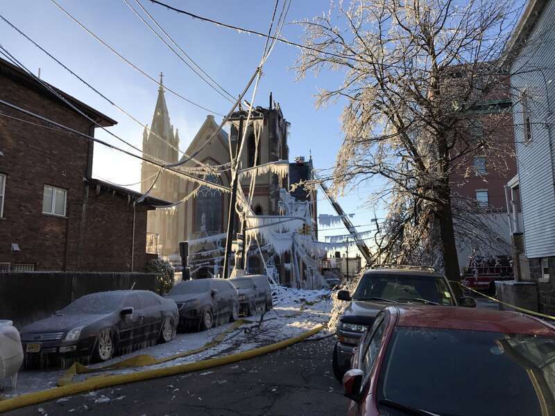 Looking west on 14th Street from near the corner of Central Avenue in Union City, New Jersey, in the late afternoon of March 4, 2017. Pictured is the remains of SS. Joseph and Michael Parish Church, to which a fire that started around 1am EST at 1404