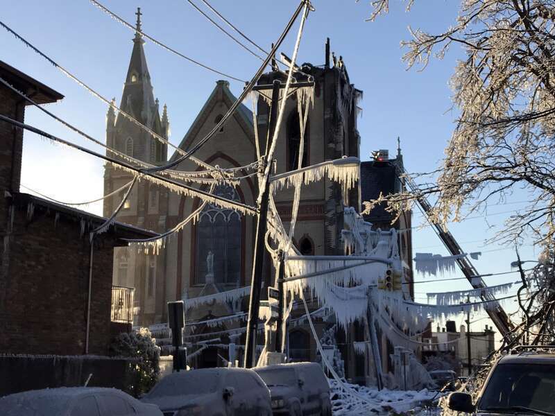 Looking west on 14th Street from near the corner of Central Avenue in Union City, New Jersey, in the late afternoon of March 4, 2017. Pictured is the remains of SS. Joseph and Michael Parish Church, to which a fire that started around 1am EST at 1404