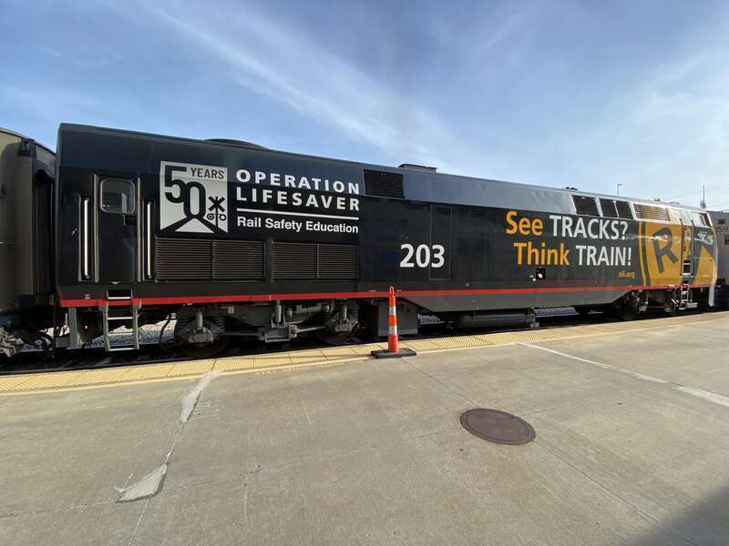 AMTK 203 parked at Kansas City on the Southwest Chief to Chicago. It is wrapped in the &quot;Operation Lifesaver&quot; vinyl wrap.