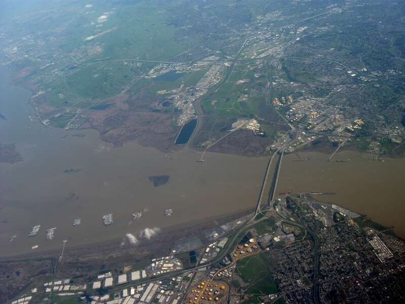The Benicia–Martinez Bridge takes Interstate 680 across the Carquinez Strait in California. Here Benicia is on the lower-left and Martinez is on the upper-right.