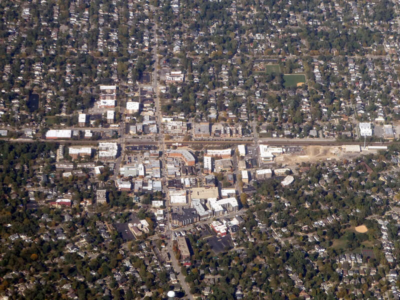 Aerial view of Downers Grove, Illinois, in October 2024