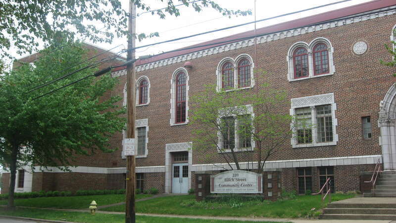 Front of the Akron Jewish Center (now a public community center), located at 220 Balch Street in Akron, Ohio, United States.  Built in 1928, it is listed on the National Register of Historic Places.