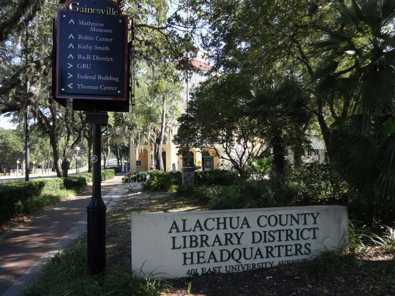 Alachua County Library District Headquarters with sign, Gainesville, Alachua County, Florida