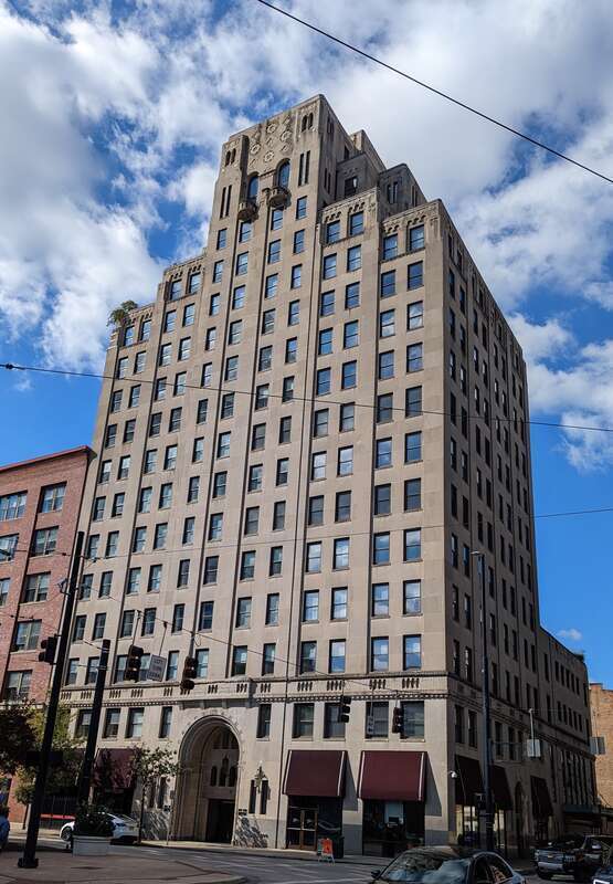 The American Building in Cincinnati is an art deco masterpiece built in 1928 and designed by architects Joseph Steinkamp and his brother Bernard Steinkamp, overlooking Central Parkway on the southern fringe of Over-The-Rhine. Located at 30 East