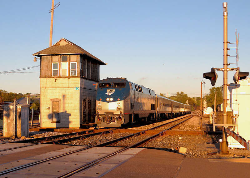 Amtrak #35 leads westbound Wolverine Service train #359 past BO Tower in Kalamazoo in the last light of a September day