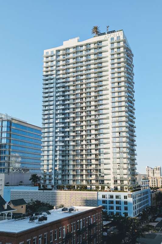 Ascent St. Petersburg seen from the south core parking garage roof, in January 2025.