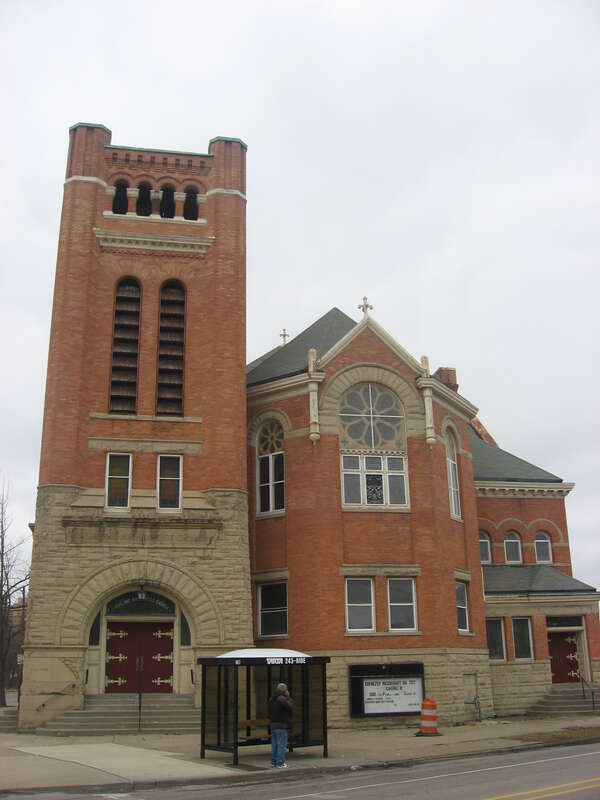 Front of the former Ashland Avenue Baptist Church (now Ebenezer Missionary Baptist Church), located on the northwestern corner of the junction of Ashland and Woodruff Avenues in Toledo, Ohio, United States.  Built in 1895, it is listed on the