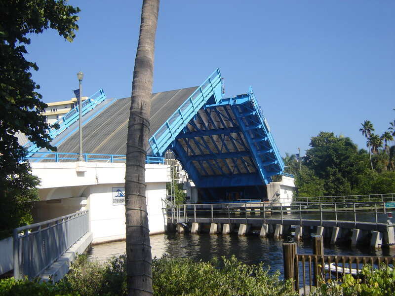 The Atlantic Avenue, is a 1952 double-leaf bascule bridge carrying Atlantic Avenue over the Intracoastal Waterway, in Delray Beach, Florida.  In this photo, the bascule draw span is opening.