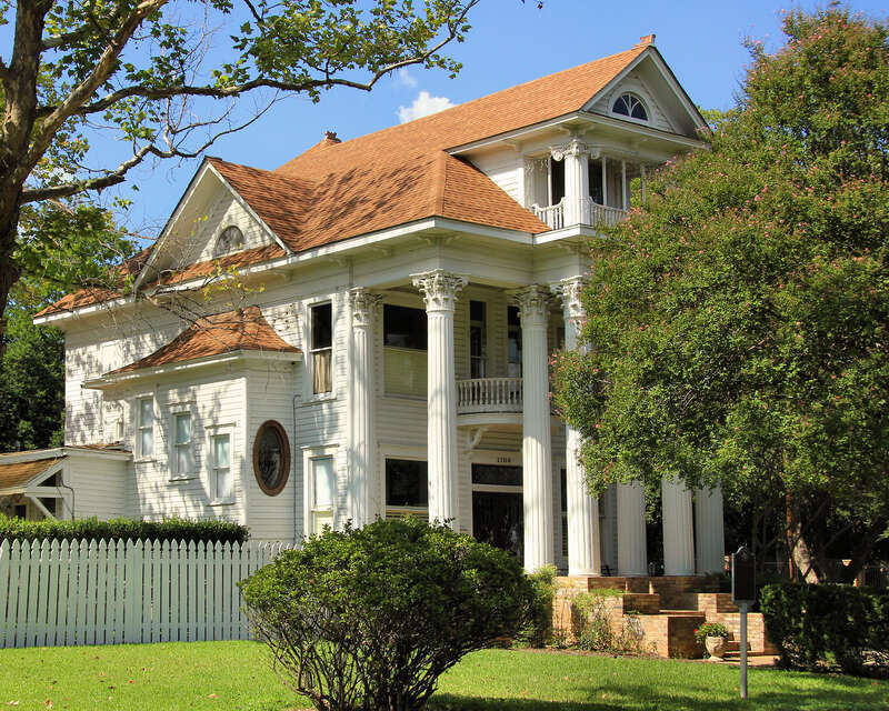 The Augusta Hofheinz House in San Marcos, Texas, United States. Mead &amp;amp; Eastwood Lumber Co. constructed this house in 1908 for Augusta Hofheinz, widow of Daniel Hofheinz. The house was listed on the National Register of Historic Places on August