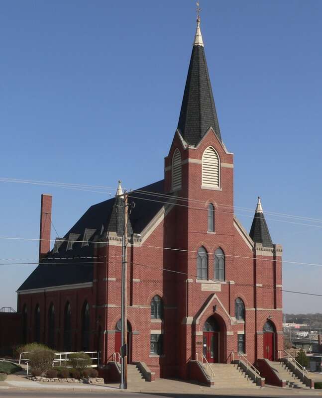 Augustana Church, located at 600 Court Street in Sioux City, Iowa; seen from the northwest.
