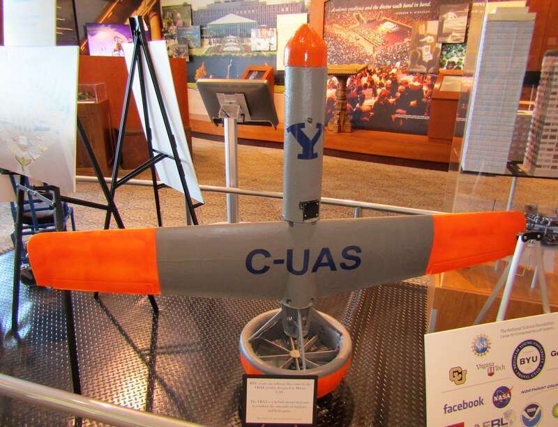 Model for MartinUAV's V-BAT aircraft at the Gordon B. Hinckley Alumni and Visitors Center. The aircraft's software was designed by BYU students.