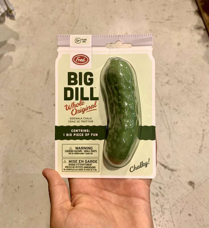 Big Dill pickle-shaped chalk, unknown designer, produced by Fred, circa 2023, 11.4 x 3.5 x 3.5 cm, sold at Urban Outfitters in the Aventura Mall in Florida, US