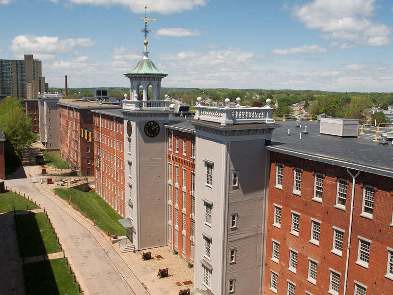 Roof line view of the towers in the central courtyard of Boott Mills, Lowell, Mass.